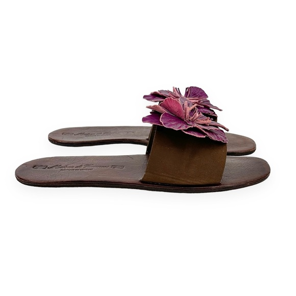 Artisan Handmade Flower Embellished Brown & Purple Flat Leather Sandals - Picture 3 of 7